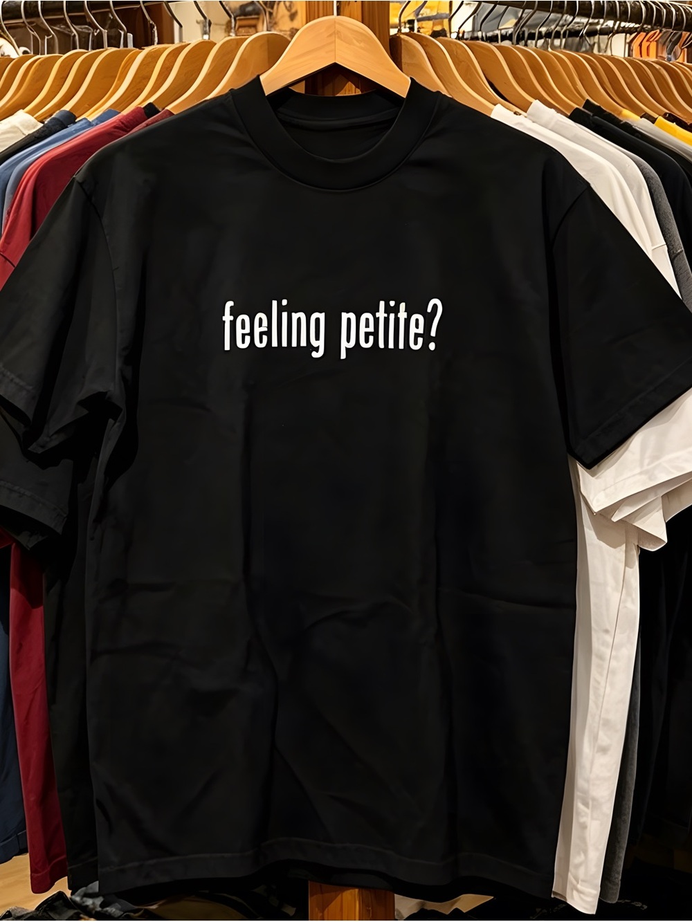 black "feeling petite?" tee Black printed t-shirt for both men and women